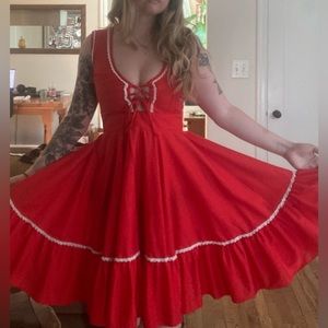 Vintage 1970’s Red Partners Please Square Dancing Dirndl Dress, size medium